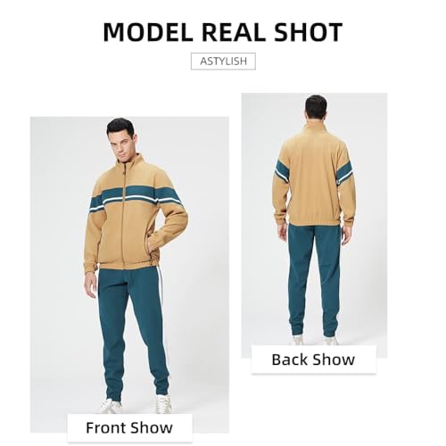 LBL Leading the Better Life Men's Activewear Full Zip Warm Tracksuit Sports Set Color Matching Casual Sweat Suit Khaki XL