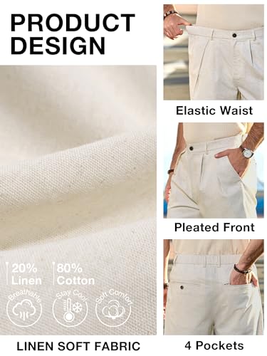 JEMLDL Men's Cotton Linen Shorts 7 Inch Inseam Casual Pleated Summer Vacation Resort Beach Elastic Waist Lightweight Shorts with Pockets Beige X-Large