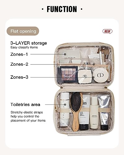 EACHY Toiletry Bag with Hanging Hook, Travel Makeup Bag PU Leather Cosmetic Bags for Women Make Up Organizer with 4 Compartments Waterproof Full-Size Portable Travel Essentials (Beige)