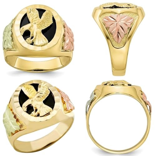 Men's Eagle Ring with Oval Onyx, 10k Yellow Gold, 12k Green and Rose Black Hills Gold Size 10.5