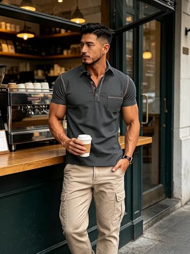 Men's Fashion Polo Shirts Classic Short Sleeve Lightweight Button Cotton T-Shirt Casual Golf Tee Tops with Pocket