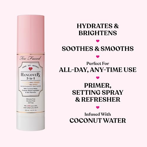 Too Faced Hangover 3-in-1 Primer & Setting Spray | Soothing & Hydrating Setting Spray for Face Makeup | Coconut Water | Travel Size, 1 Fl Oz, Clear