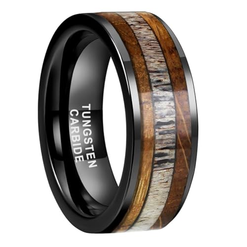 TUTISS 8mm Black Tungsten Rings for Men Women Wedding Bands Whisky Barrel Wood Deer Antler Inlay Flat Polished Comfort Fit Size 9.5