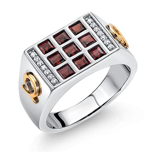 Gem Stone King Red Garnet and White Lab Grown Diamonds Ring for Men | 10K Yellow Gold and 925 Sterling Silver | 1.27 Cttw| Size 11