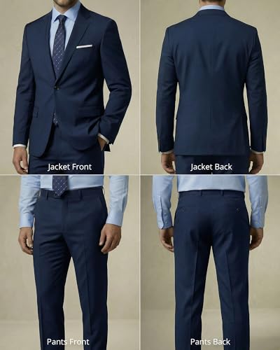YND Men's 2 Piece Suit with Tie, One Button Slim Fit Solid Jacket and Pants Set, Suits for Men Prom Party Wedding & Business, Deep Blue
