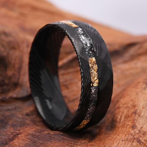 Concept Knight Black Damascus Steel Rings for Men Fashion Hammered Texture