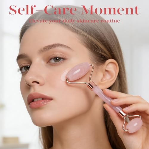 BAIMEI IcyMe Rose Quartz Roller & Gua Sha Facial Tool Set for Depuffing