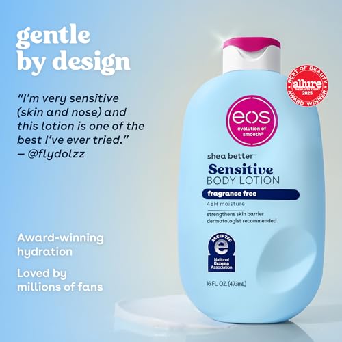 eos Shea Better Sensitive Skin Body Lotion - Fragrance-Free, 48-Hour Moisture Eczema Cream & Dry Skin Relief, Vegan, 16 fl oz (Packaging may vary)