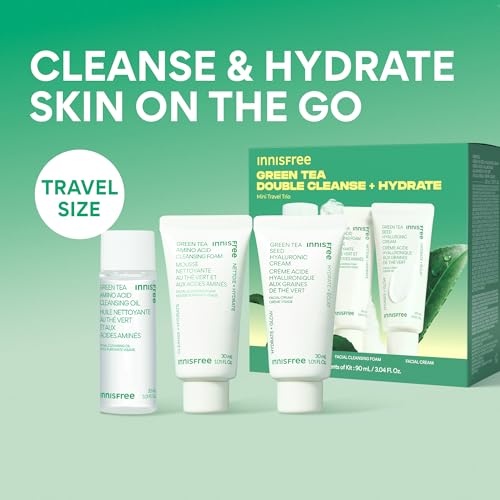 innisfree Green Tea Double Cleanse + Hydrate Trio | Korean Skincare Set with Hydrating Cleansing Oil, Face Wash, and Moisturizer | Gentle Lather | Sulfate-Free | Available in Gift Sets