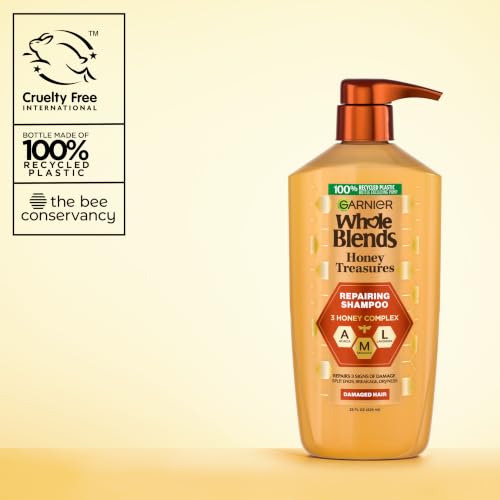 Garnier Whole Blends Honey Treasures Repairing Shampoo, Hair Repair Formula for Dry, Damaged Hair with Acacia, Manuka, and Lavender Honeys, 28 Fl Oz (Packaging May Vary)
