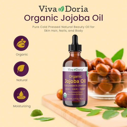 Viva Doria Jojoba Oil, USDA Certified Organic, 4 fl oz, Natural Jojoba Oil for Hair, Skin & Face, Cold Pressed Unrefined