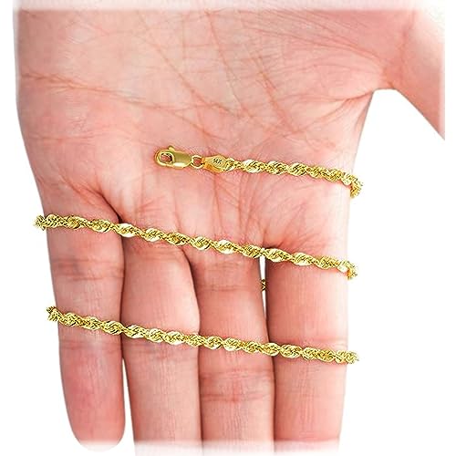 Galaxy Gold GG, 14K Solid Gold Diamond Cut Rope Chain Bracelet, 3mm - 7.5 Inch (7-9" Available), Fine Jewelry