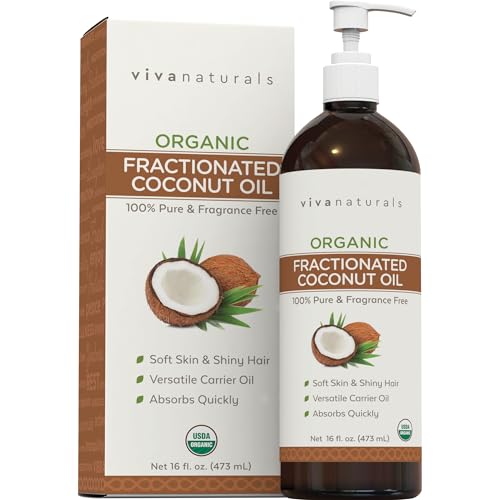 Viva Naturals Organic Fractionated Coconut Oil, 16 fl oz – Skin & Hair Moisturizer, Massage Oil, Carrier Oil for Essential Oils