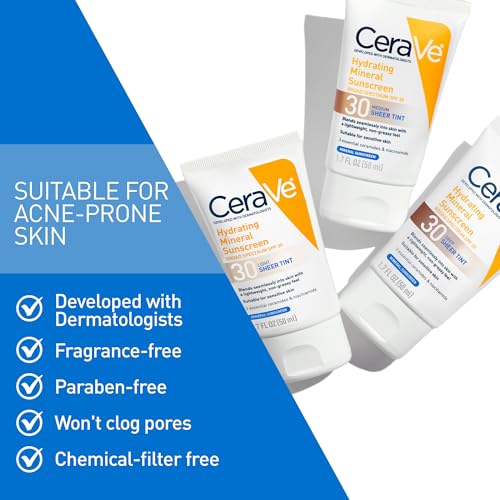 CeraVe Tinted Sunscreen for Face, Mineral SPF 30 Moisturizer, Medium, 1.7oz