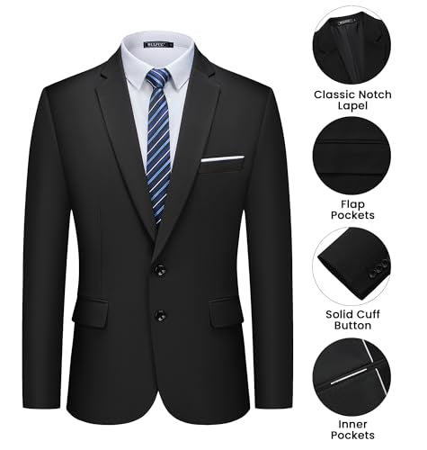 WULFUL Men's 2 Piece Suits Slim Fit Two Button Blazer Jacket Pants Set for Party,Wedding and Business Black