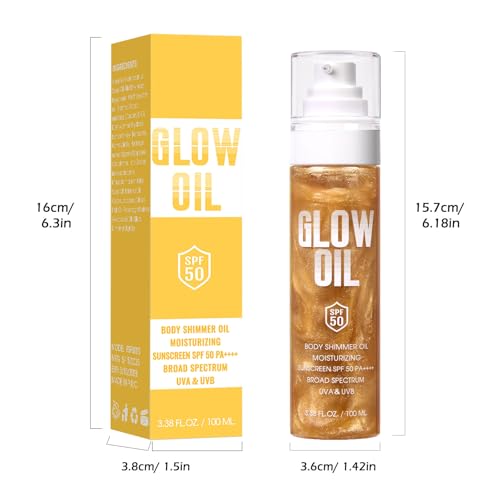 Body Glow Oil, Broad Spectrum SPF 50, Glitter Shimmer Sunscreen Body Oil Lotion with Sequin Mica, Lightweight Non-Sticky Moisturizer with Coconut, Skin Illuminator Glowing Results (01# Golden Amber)