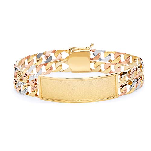 The World Jewelry Center 14k Real Tri Color Gold Men's 2 Line Nugget Cuban Link ID Bracelet - 8.5"