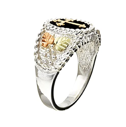 Men's Cross Ring, Sterling Silver, 10k Yellow Gold, 12k Green and Rose Gold Black Hills Gold Motif, Size 13