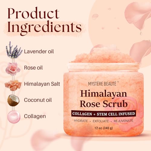 Himalayan Salt Body Scrub, Collagen & Rose Oil for Skin Cleansing, 12 fl oz