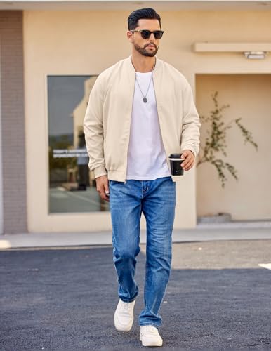 COOFANDY Mens Casual Lightweight Cotton Jacket Fashion Flight Linen Bomber Varisty Jacket With Pockets Beige, X-Large
