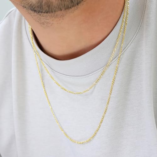 Nuragold 14k Real Yellow Gold Figaro Link Pave Diamond Cut Chain Necklace - 20",2.5mm