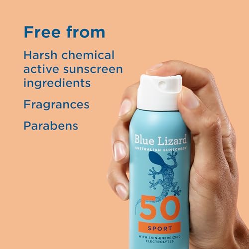 BLUE LIZARD Sport Mineral Sunscreen Spray SPF 50+, Dermatologist-Recommended Brand, Broad-Spectrum UVA/UVB Protection, Water-Resistant, Zinc Oxide Formula, Vegan, 5 fl oz
