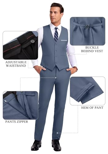 Mrbuerly Men Suit 3 Pieces Slim Fit, Denim Blue Prom Men's Suits Blazer Vest Pants Formal Wedding Groomsmen Jacket-XXL4640
