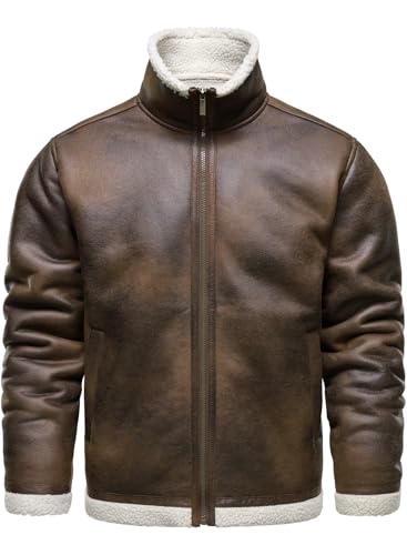 HOOD CREW Men’s Vintage Distressed Jacket Winter Warm Faux Shearling Leather Bomber Jackets Motorcycle Biker Coats Brown M