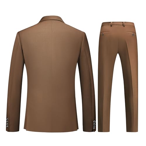 MOGU Suit for Men, Solid Color Fit Formal 2 Piece Dress Tuxedo Set with Jacket, Pants, Tie (Large, Brown)