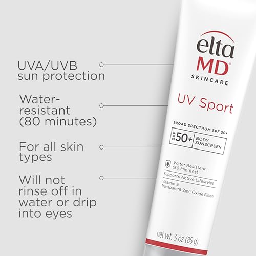 EltaMD UV Sport Sunscreen, Water and Sweat Resistant 80 Min, SPF 50, 3 oz