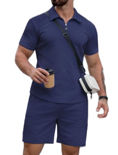 EISHOPEER Men's Luxury Textured Polo Set Comfort Zip Neck Elastic Waist Shorts Business & Party Wear Navy Large