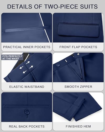Cooper & Nelson Men's Suit 2 Piece Set, One Button Slim Fit Tuxedo with Jacket Pants Tie for Wedding, Business, Prom Navy Blue L