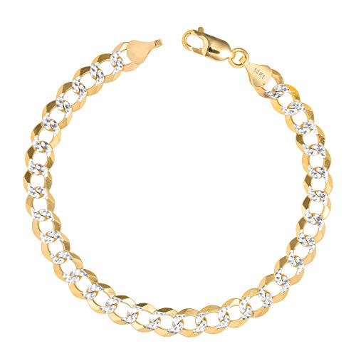 Nuragold 14k Real Yellow Gold Cuban Curb 7mm Solid Pave Chain Bracelet - 8"