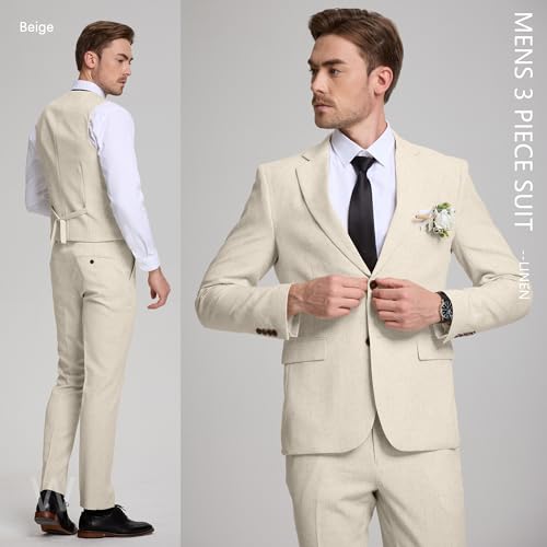 Mens 3 Piece Suits Linen Classic Fit Beige Tuxedo Suit for Wedding Lightweight Formal Business Blazer Jacket and Pants M