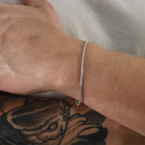 Nuragold 14k Real White Gold 2mm Rope Chain Diamond Cut Bracelet (7"-9") - 8.5"
