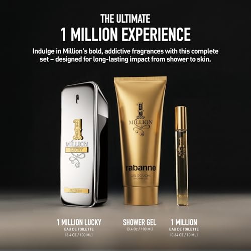 Rabanne 1 Million Lucky Gift Set for Men - Discover Long Lasting Woody Aromatic Eau de Toilette Fragrance + Shower Gel & Travel Cologne Spray - Father's Day, 3 Piece