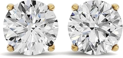Lab Grown Diamond Stud Earrings for Women | 2 Carat Total Weight Round Cut | 14K Yellow Gold, E-F Color VS Clarity | 4-Prong Screw Back | Solitaire Diamond Earrings | Hypoallergenic Fine Jewelry Gift for Her
