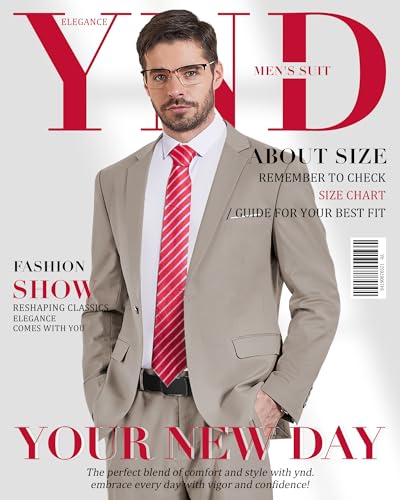 YND Men's 2 Piece Suit with Tie, One Button Slim Fit Solid Jacket and Pants Set, Suits for Men Prom Party Wedding & Business, Light Grey