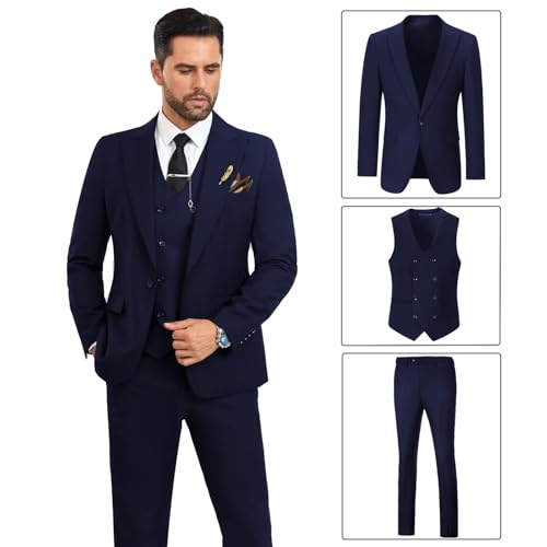 Navy Blue Suit Men 3 Piece Slim Fit Suit Big and Tall Suits for Men Business Casual Wedding Tuxedo Suits Set Large