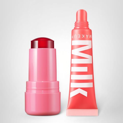 Milk Makeup Cooling Water Jelly Tint + Balmade Hydrating Lip Balm Set – Sheer Red Lip + Cheek Stain and Sheer Gloss with High-Shine Finish – Full Size Chill (Red) 0.17 oz + Werk Out (Dusty Rose) 0.4oz