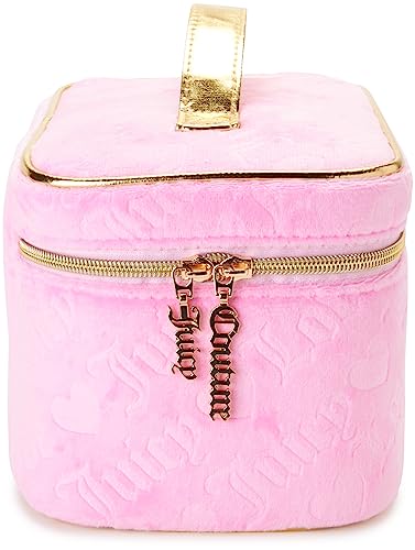 Juicy Couture Pink Makeup Bag Cosmetics Organizer Travel Essentials Train Case Velour Heart Logo