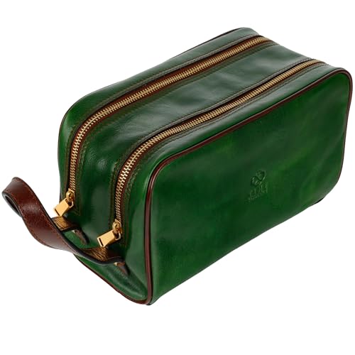 Time Resistance Leather Cosmetic Bag - Italian Toiletry Dopp Kit (Green)
