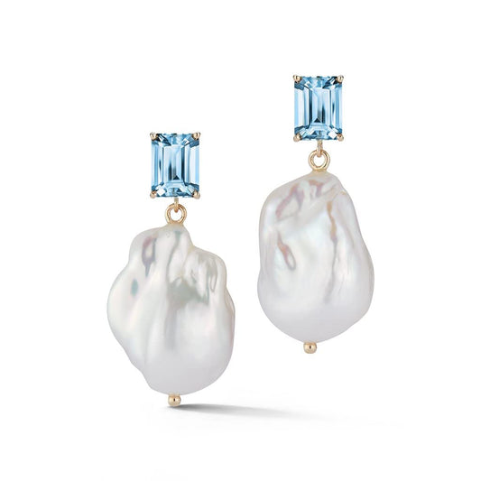 Mateo New York,Yellow Gold Blue Topaz And Baroque Pearl Drop Earrings