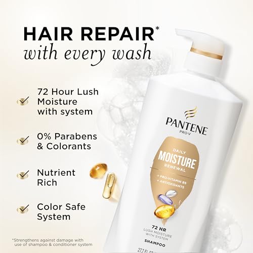 Pantene Shampoo, Daily Moisture Renewal - Pro-V Nutrients for Dry, Color-Treated, Straight to Curly Hair, 72-Hour Hydration & Softness, Paraben Free, Cleanses, Strengthens Bonds, 27.7 Fl Oz