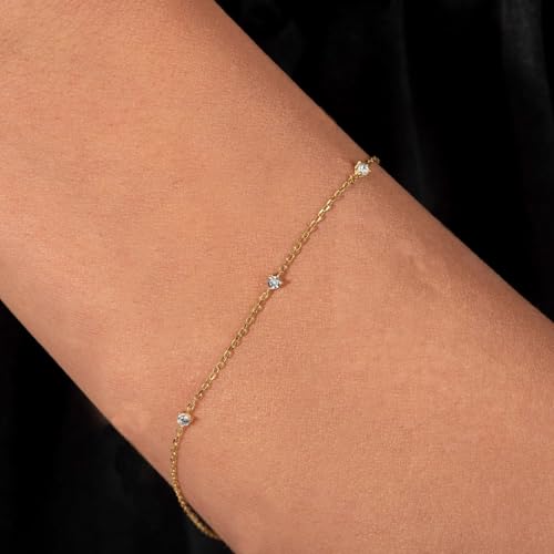 Ethos Jewelry 14K Solid Yellow Gold 3-Diamond Station Bracelet (585) – Dainty 1mm Adjustable Chain, Minimalist Handmade Jewelry Gift for Women