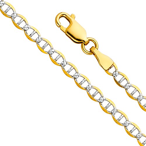 14k REAL Two Tone Gold Solid 2.5mm Flat Mariner White Pave Chain Bracelet with Lobster Claw Clasp - 7"