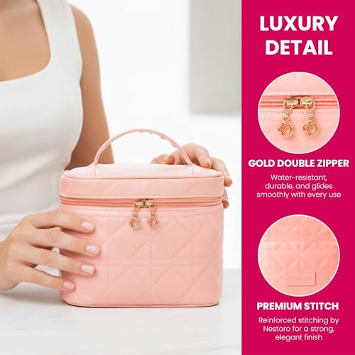 NESTORO Makeup Bag with Jewelry Case Set, Pink Quilted PU Leather with Handle, Gold Zipper
