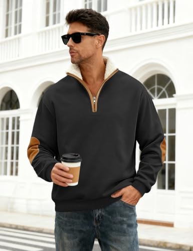 QOSOQ Men's Fleece Sweatshirts Vintage Quarter Zip Pullover shirt Casual Long Sleeve Sweatshirt warm tops Black