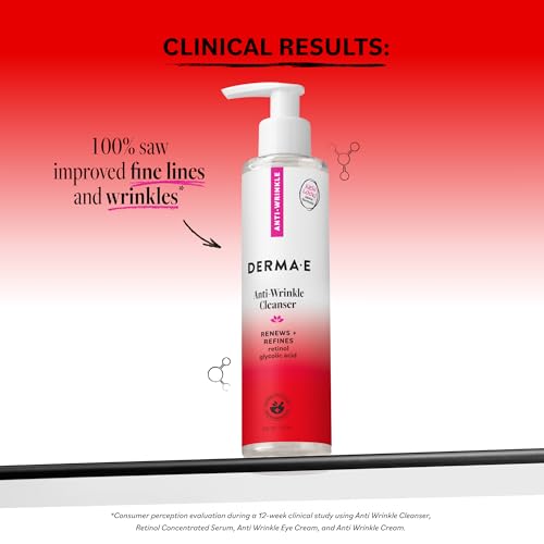 Derma E Anti-Wrinkle Cleanser – Anti-Aging Face Wash with Glycolic Acid and Vitamin A – Gentle Cleansing and Exfoliating Facial Wash Removes Makeup, Oil and Impurities, 6 oz