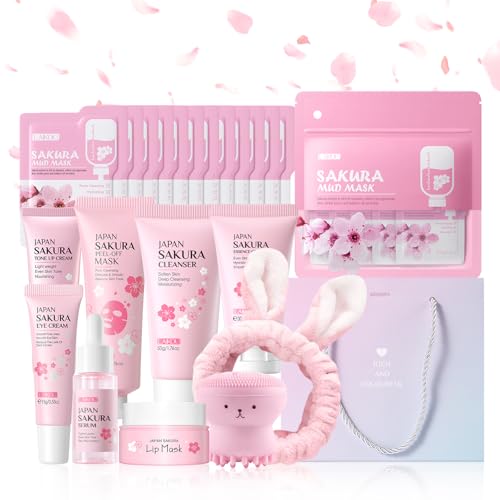 LAIKOU Sakura Skincare Set for Teen Girls, Complete Face Care Kit 34pcs
